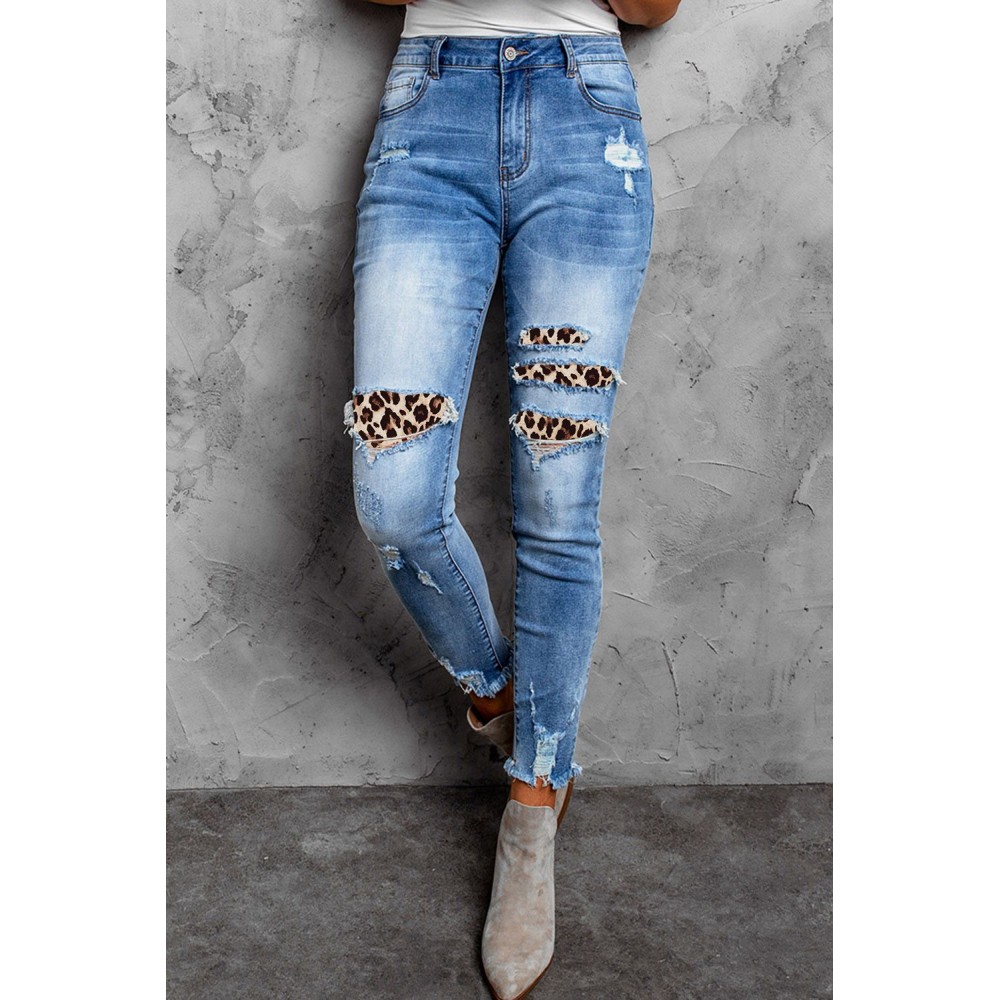 Leopard Patchwork Distressed Skinny Ankle High Waist Pants Leopard Patchwork Distressed Skinny Ankle High Waist Pants